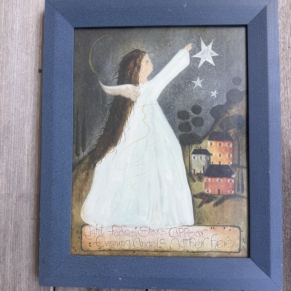 Framed Garden Angel Star Print Primitives Folk Art Decor Celestial Whimsygoth